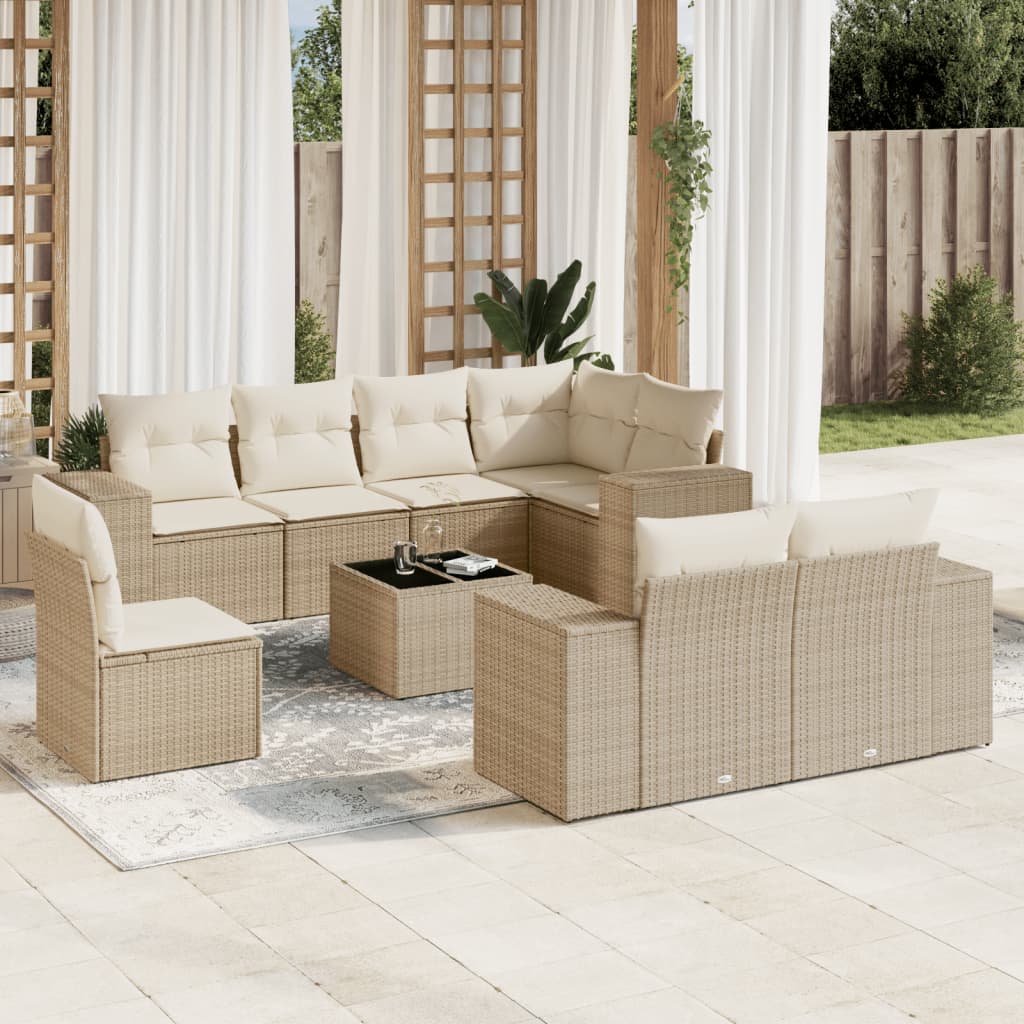 Vetonek Set de sofás de jardín 9 pzas con cojines ratán sintético beige