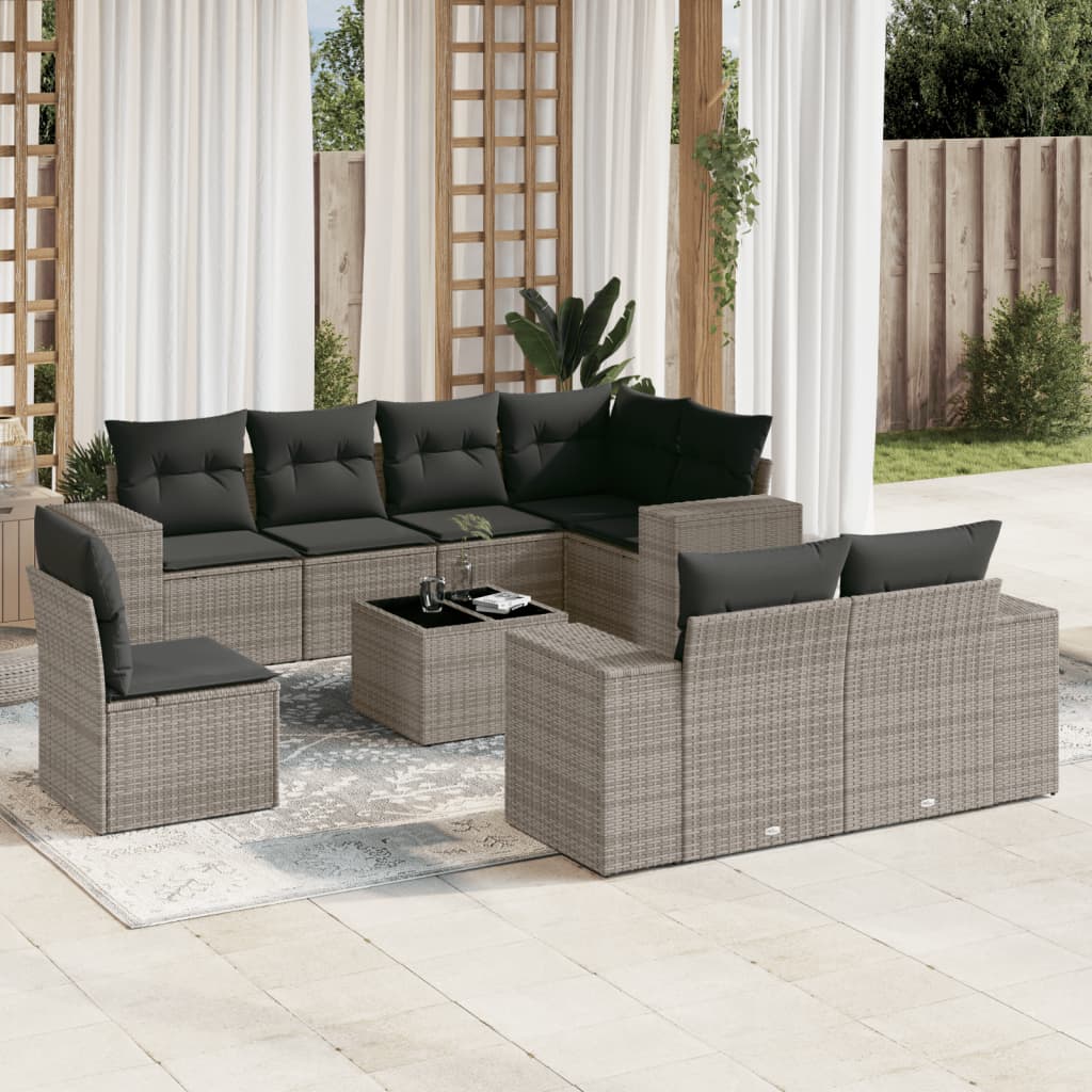 Vetonek Set de muebles de jardín 9 pzas y cojines ratán sintético gris