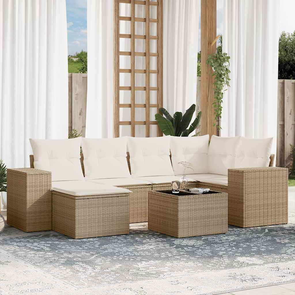 Set sofás de jardín 7 piezas y cojines ratán sintético beige