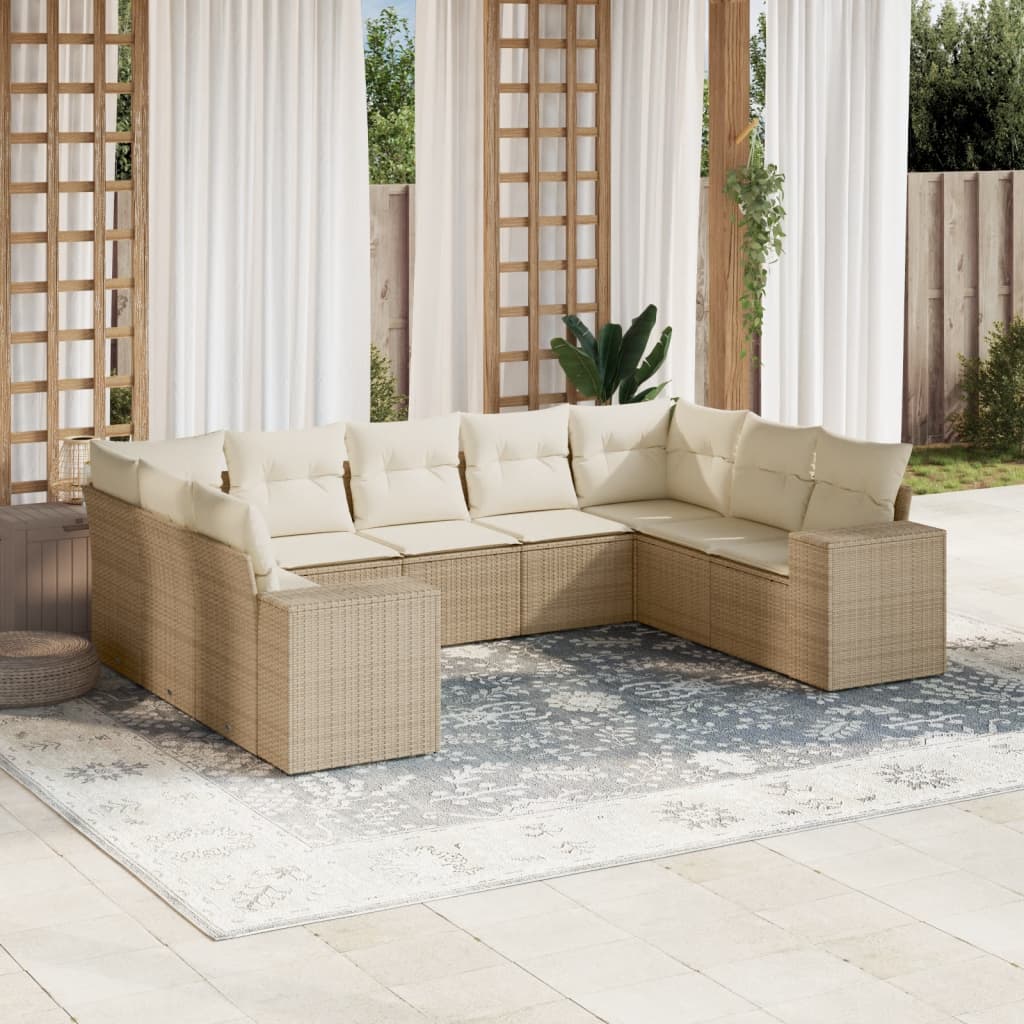 Vetonek Set de sofás de jardín 9 pzas con cojines ratán sintético beige