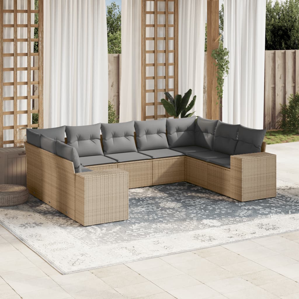 Vetonek Set de sofás de jardín 9 pzas con cojines ratán sintético beige