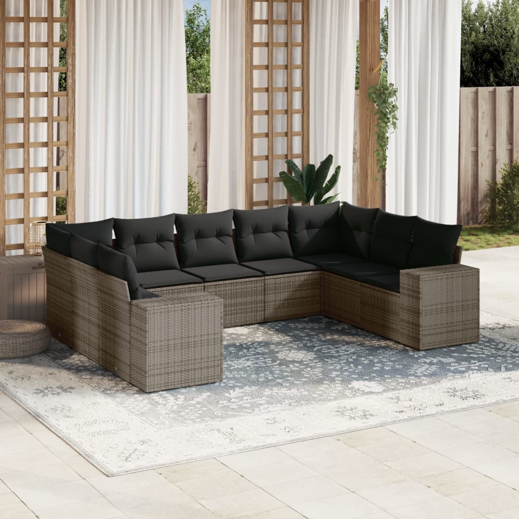 Vetonek Set de muebles de jardín 9 pzas y cojines ratán sintético gris