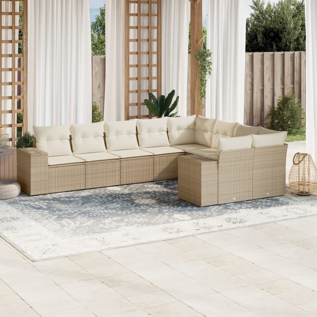 Vetonek Set de sofás de jardín 9 pzas con cojines ratán sintético beige