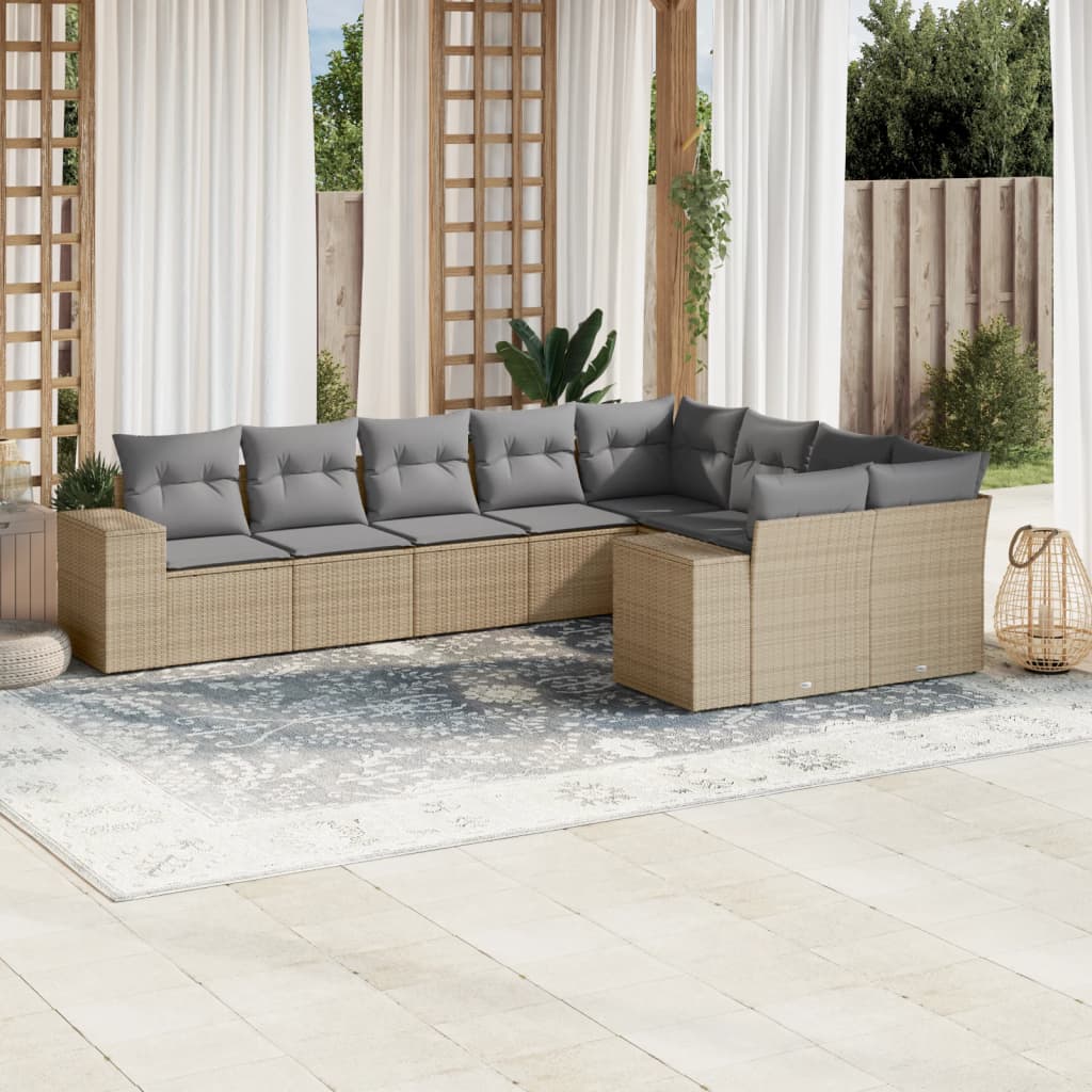 Vetonek Set de sofás de jardín 9 pzas con cojines ratán sintético beige