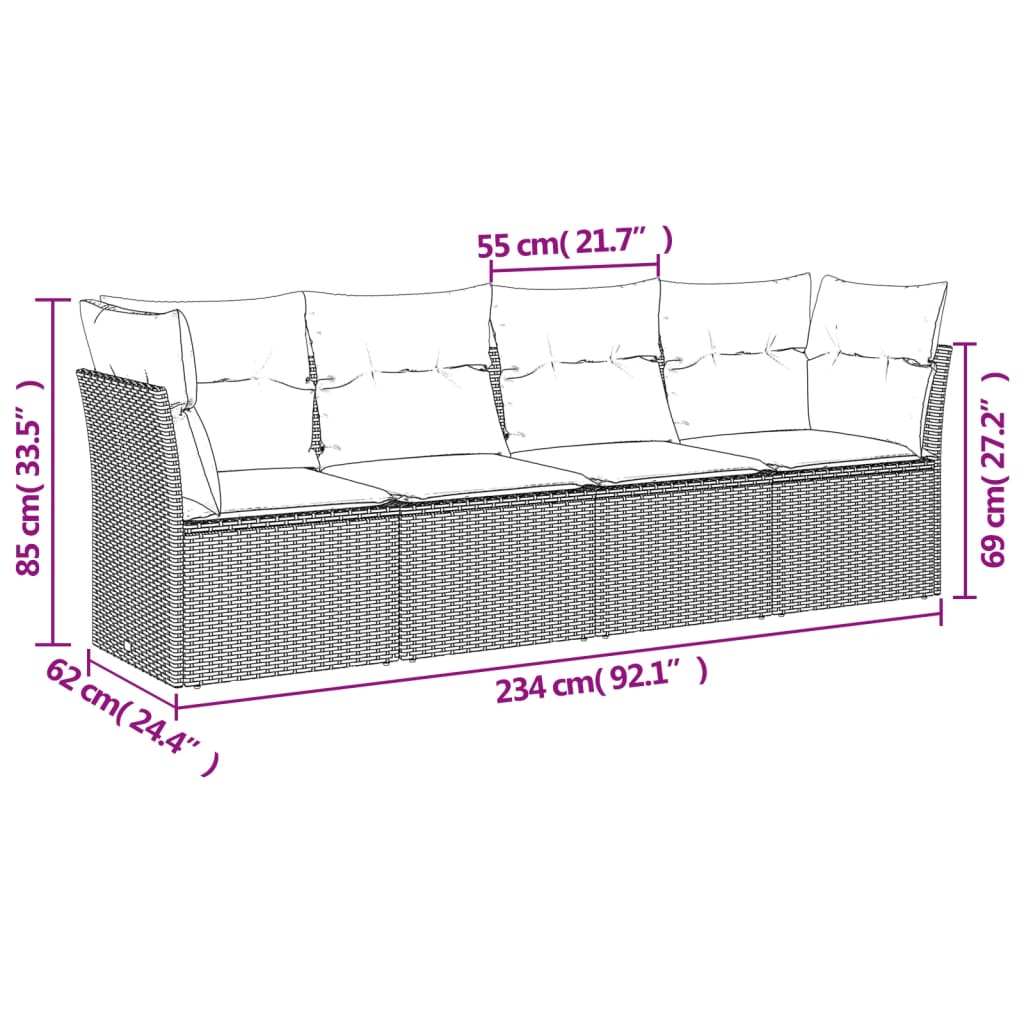 4 pcs garden sofas set and gray synthetic rattan cushions