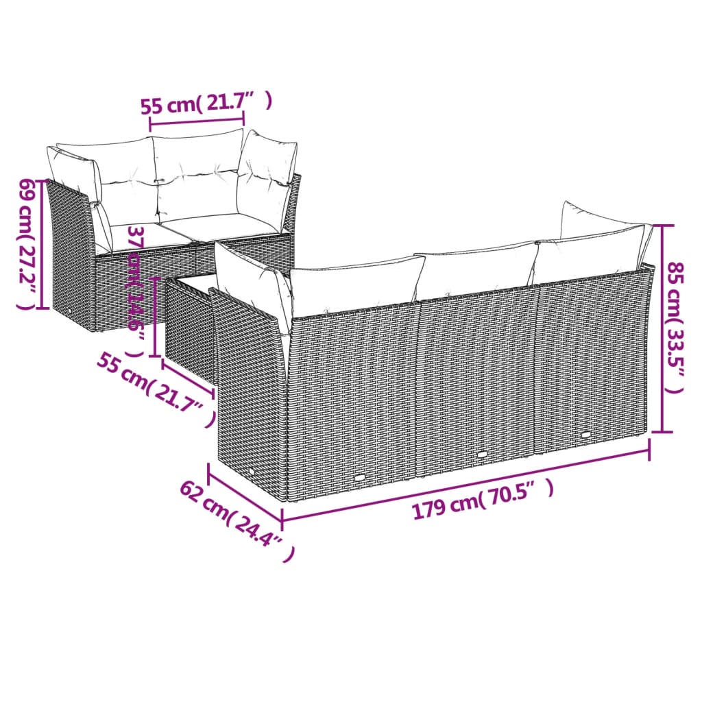 Garden Sofas Set 6 pieces and black synthetic rattan cushions