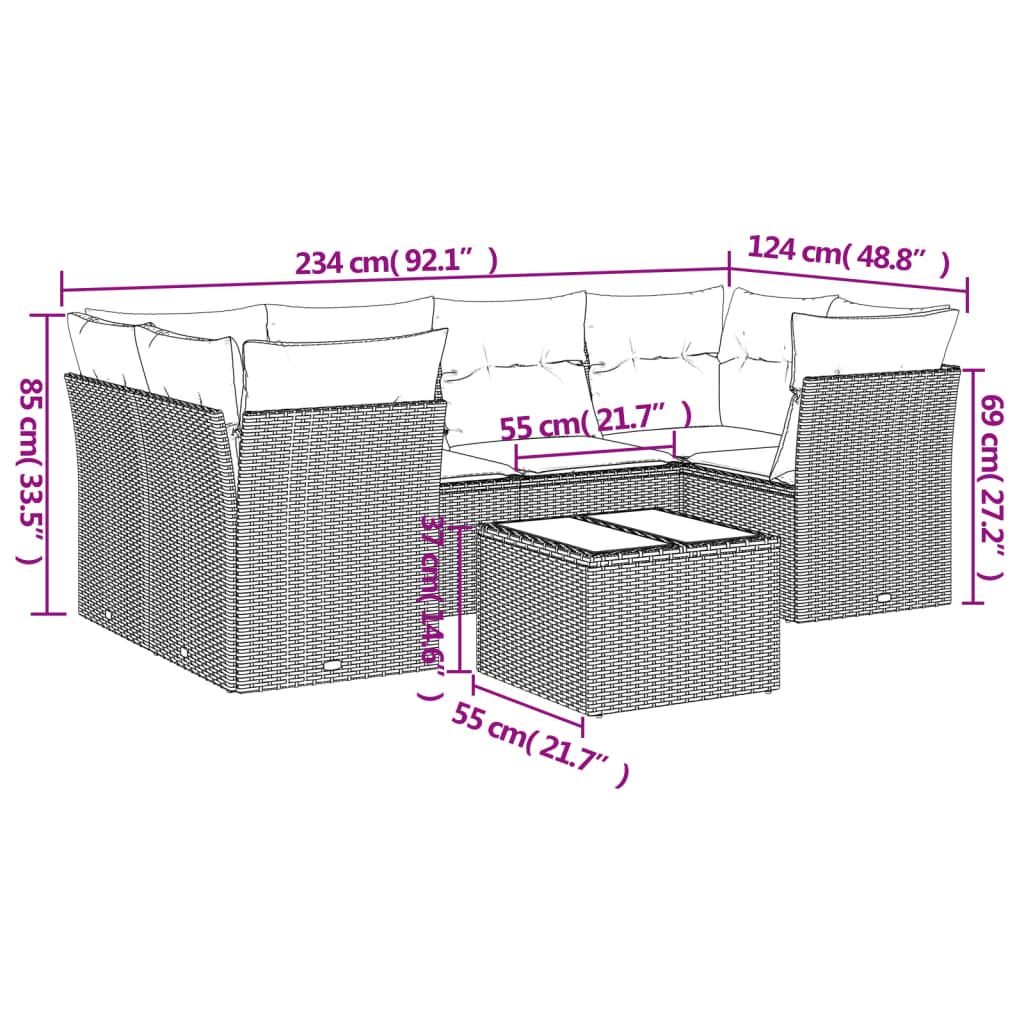 Conjunto de jantares de jardim 7 PCs e almofadas de vime sintético preto