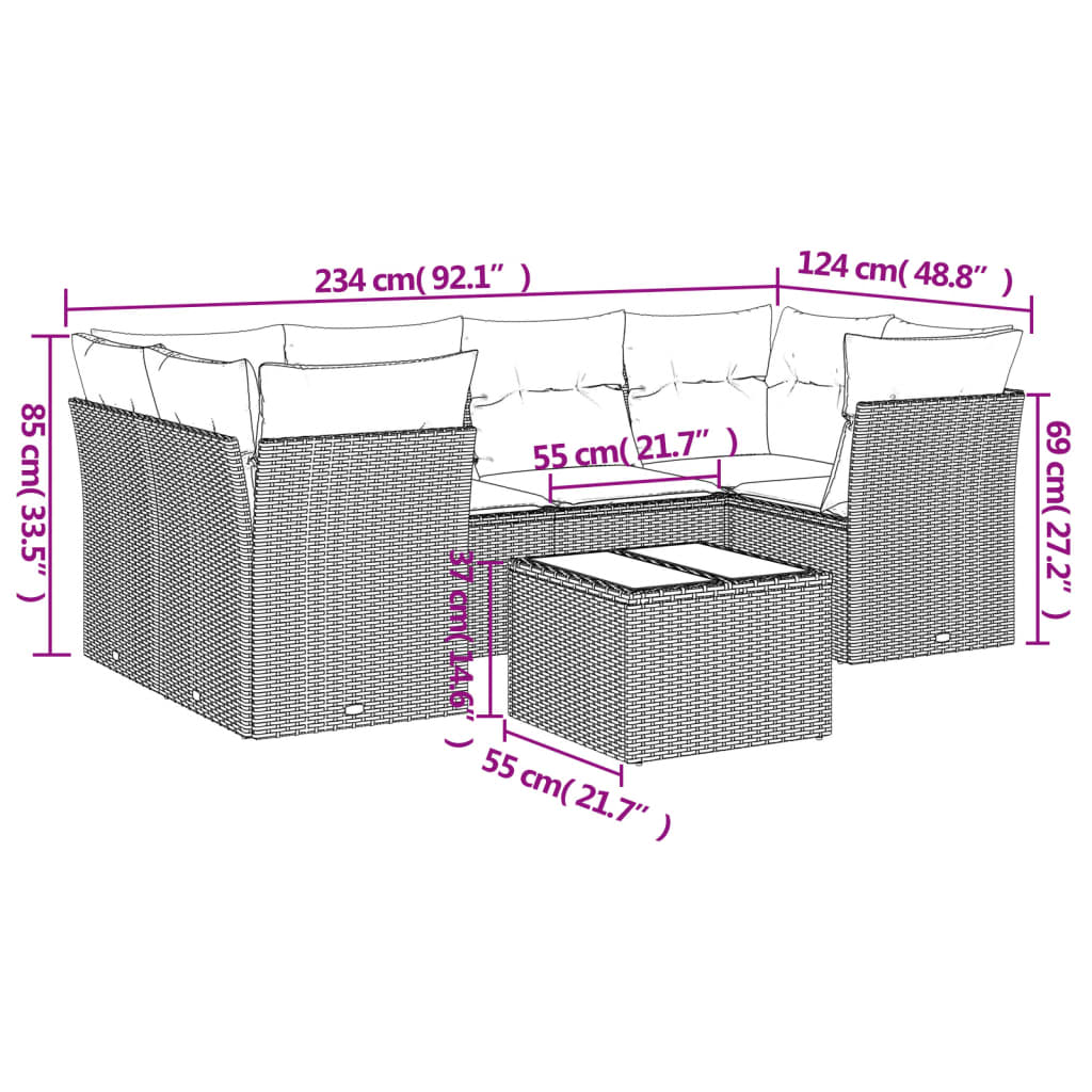 Sofás de jardim Conjunto de 7 peças com almofadas de vime cinza