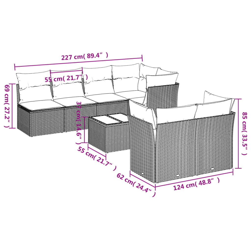 Gartensofas Set 8 Stücke und schwarze synthetische Rattankissen