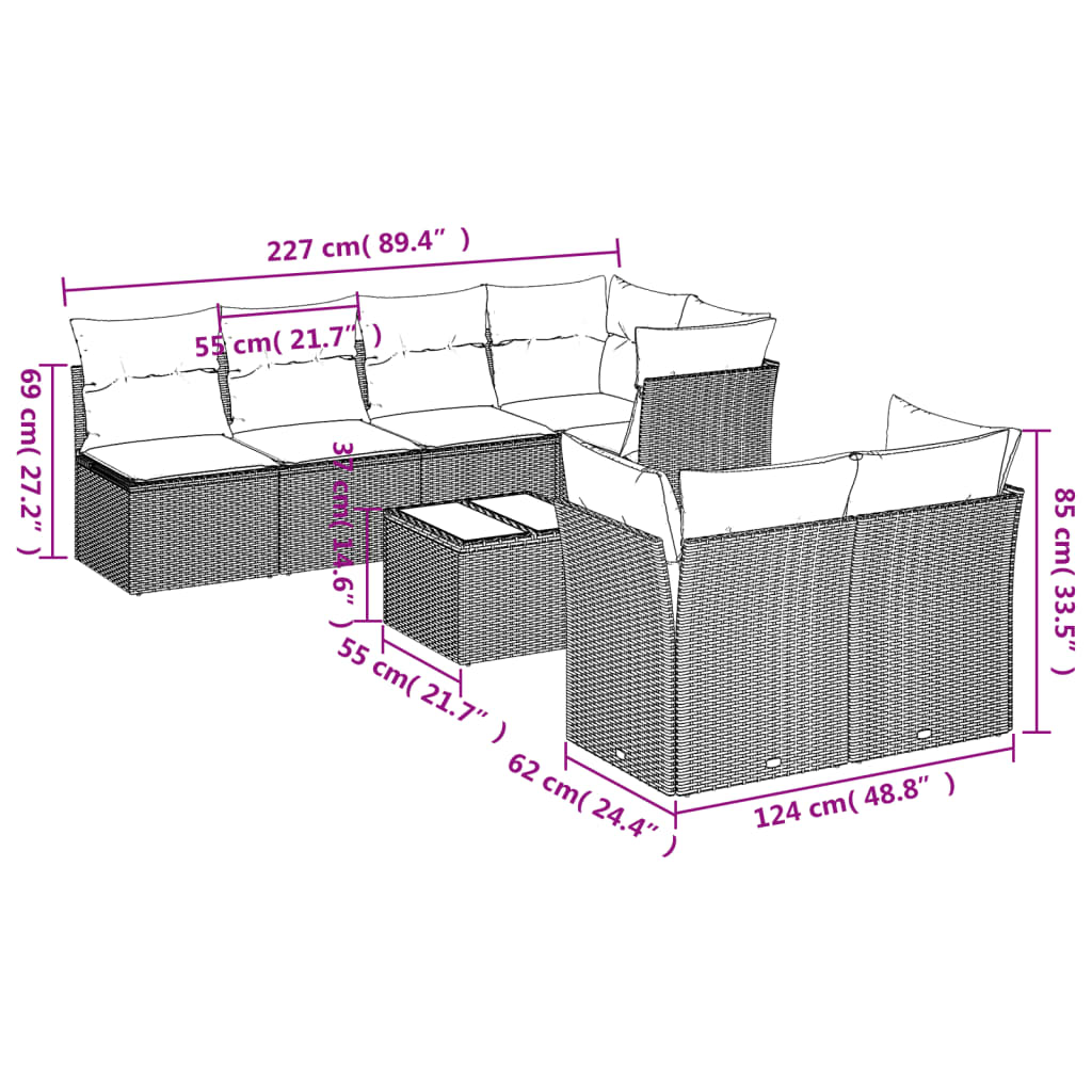 Set de sofás de jardín 8 pzas y cojines ratán sintético gris