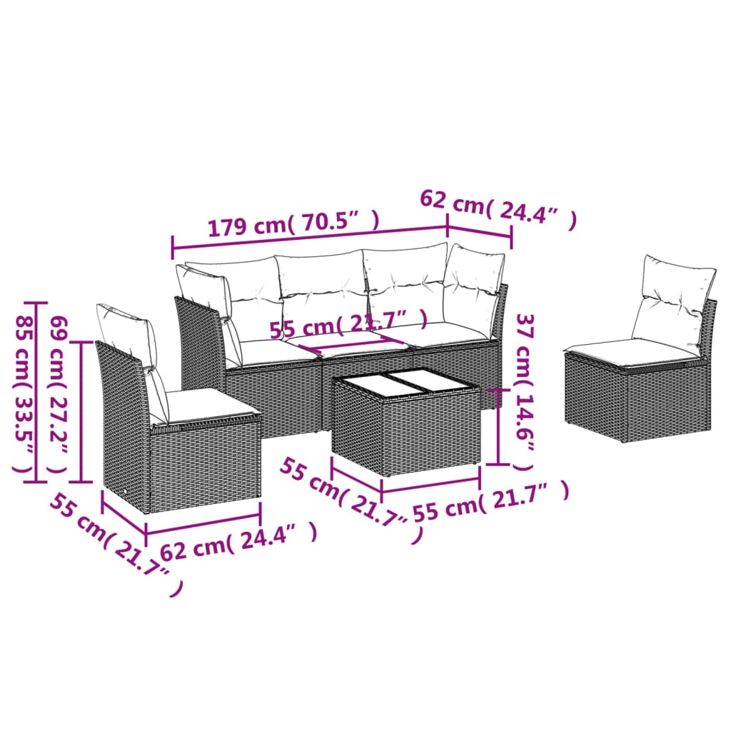 Garden Sofas Set 6 pieces and black synthetic rattan cushions