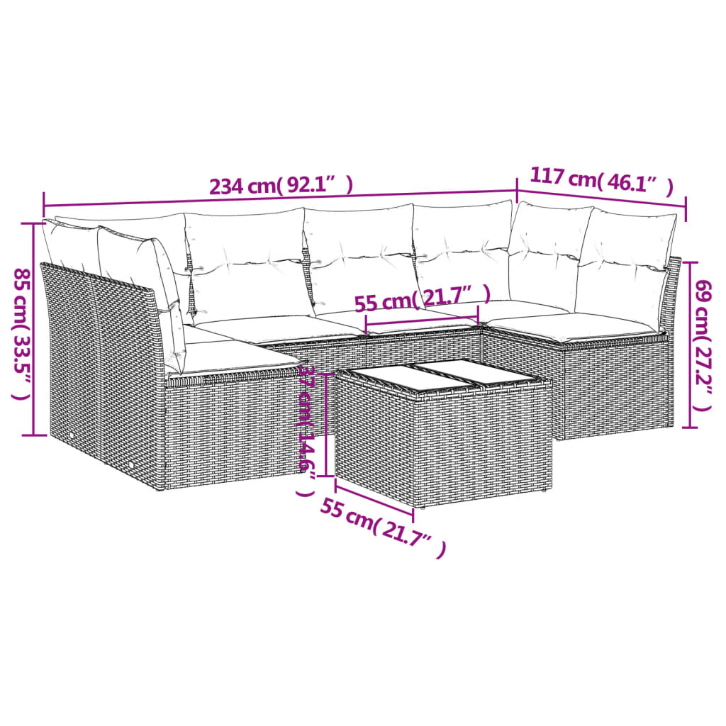 Set de comedor de jardín 7 pzas y cojines ratán sintético negro - Vetonek