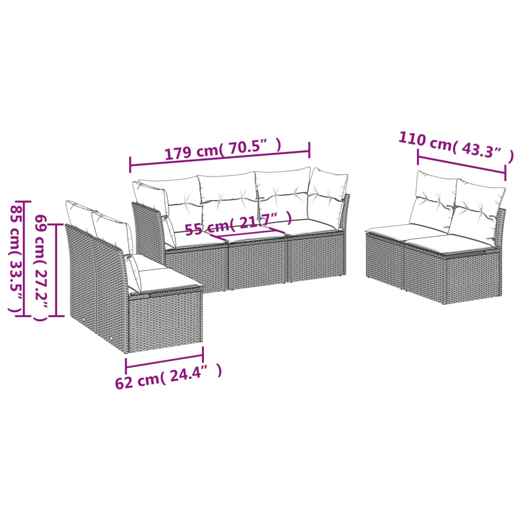 Garden Sofas Set 7 pieces with gray rattan cushions