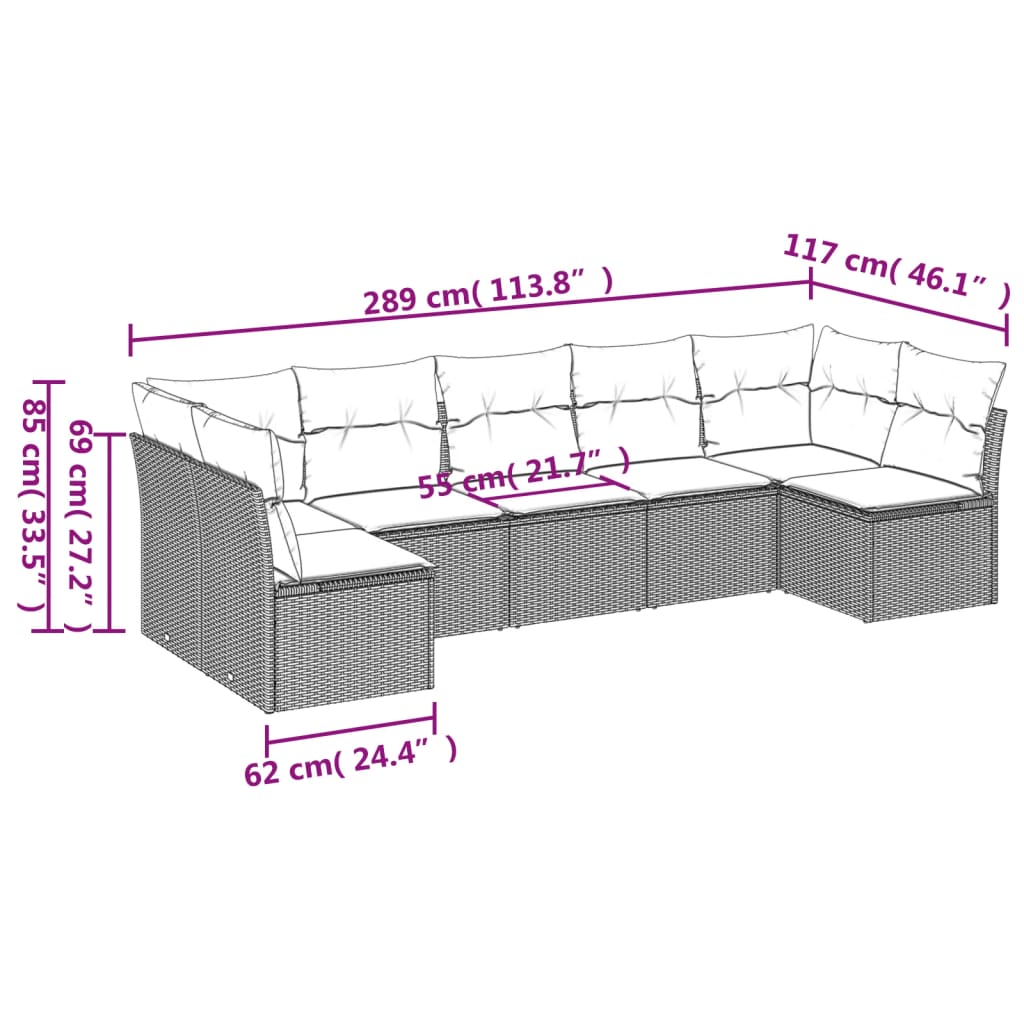 Conjunto de jantares de jardim 7 PCs e almofadas de vime sintético preto