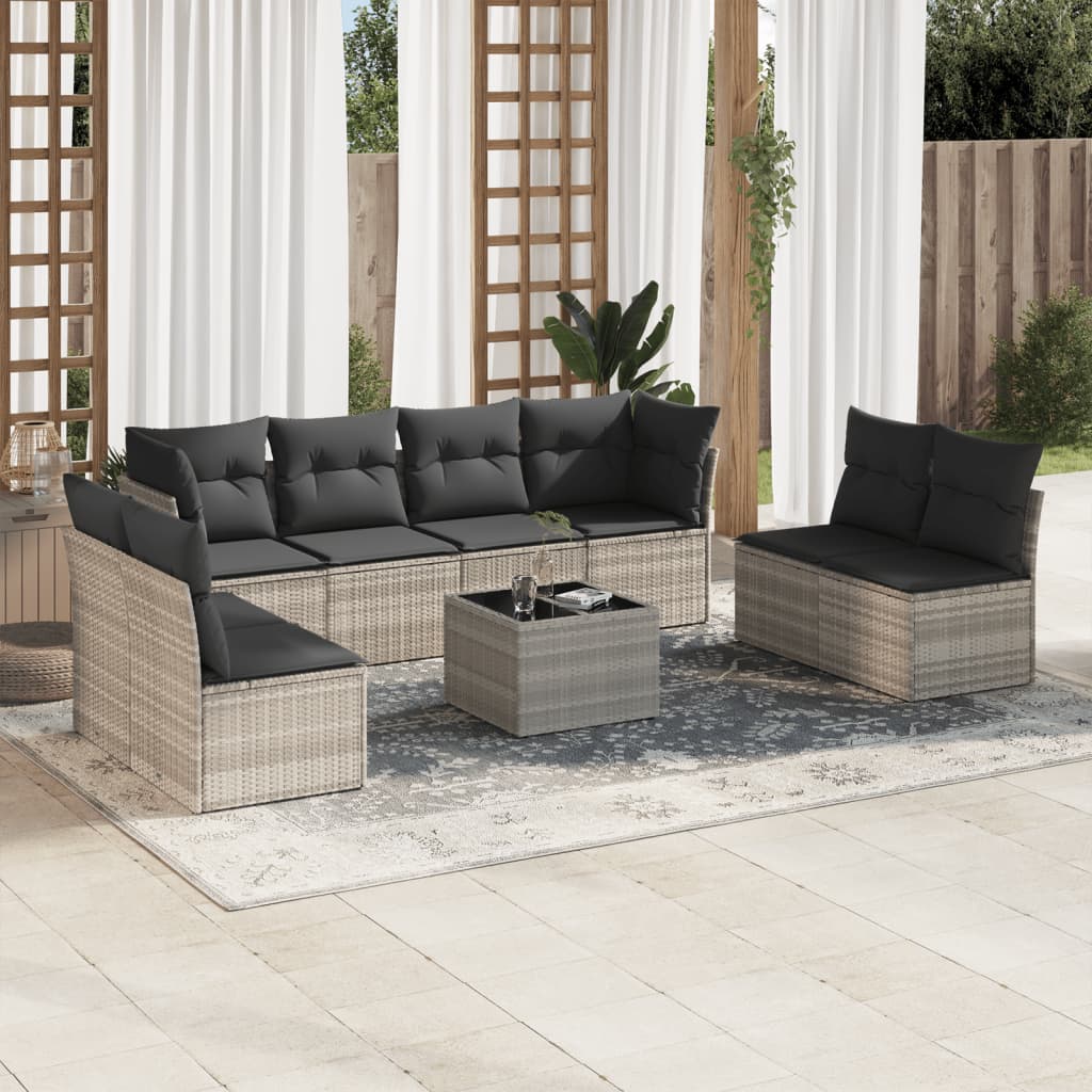 Vetonek Set muebles jardín 9 pzas y cojines ratán sintético gris claro