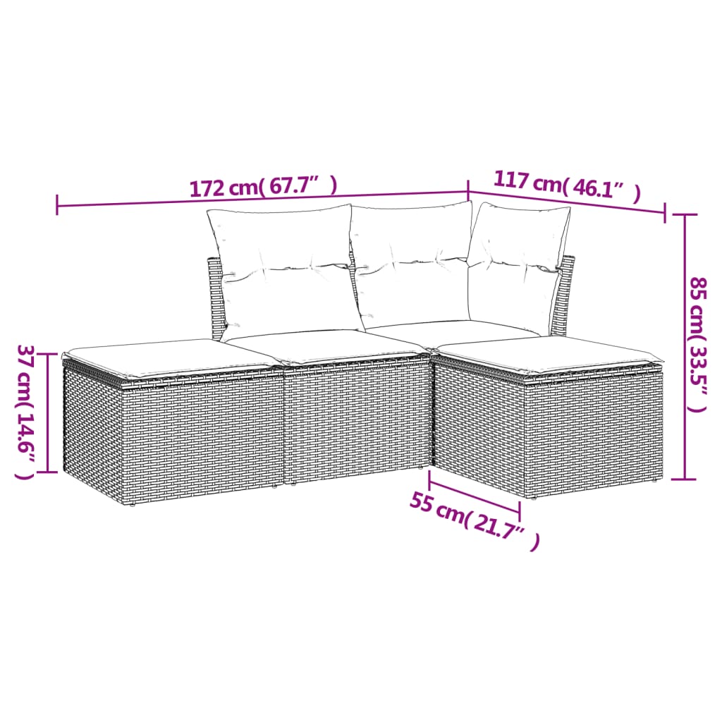 Set de sofás de jardín 4 pzas y cojines ratán sintético gris - Vetonek