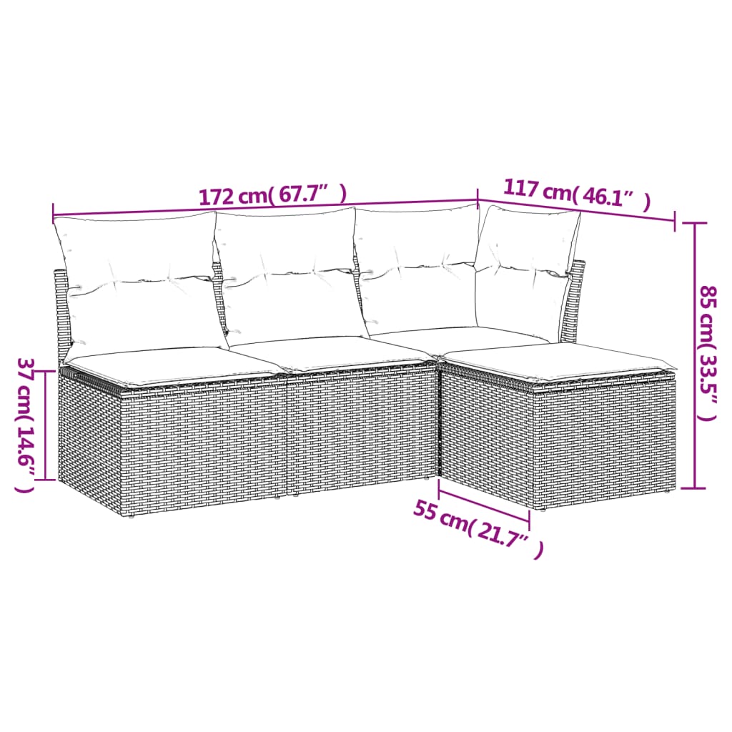 Set de sofás de jardín 4 pzas y cojines ratán sintético marrón