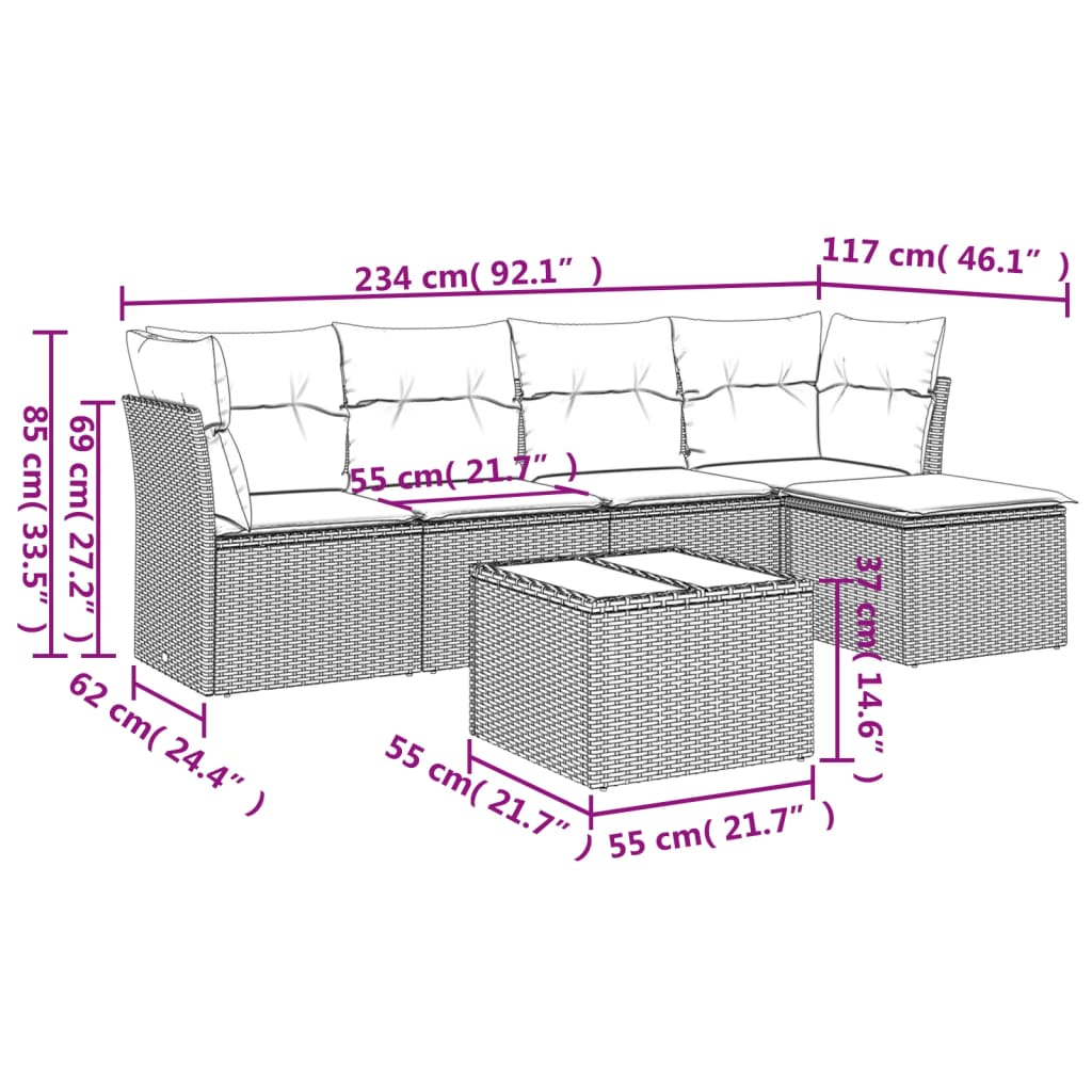 Garden Sofas Set 6 pieces and black synthetic rattan cushions