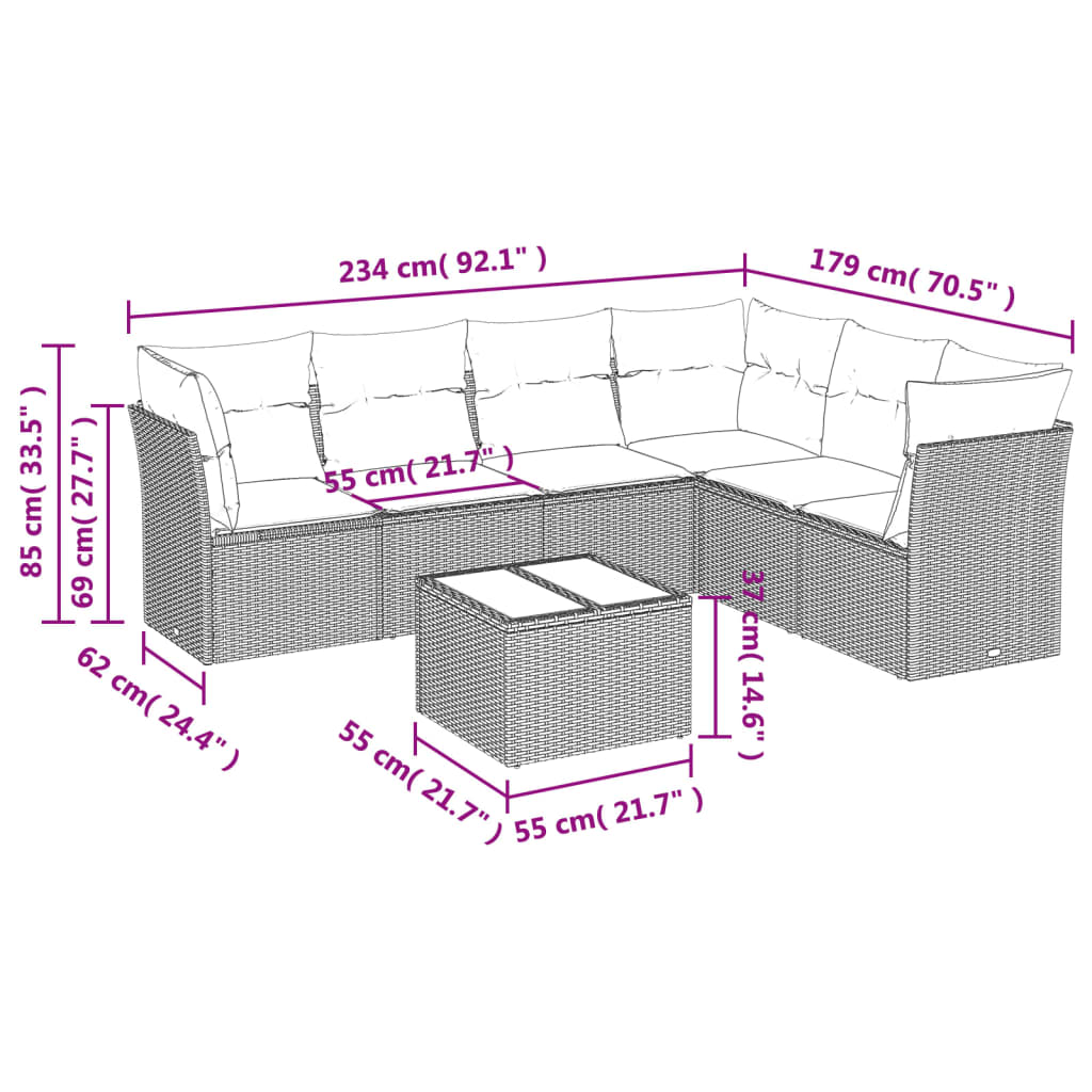 Conjunto de jantares de jardim 7 PCs e almofadas de vime sintético preto