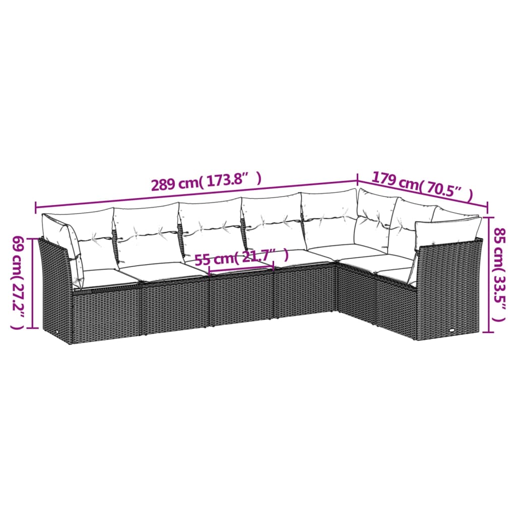 Conjunto de jantares de jardim 7 PCs e almofadas de vime sintético preto