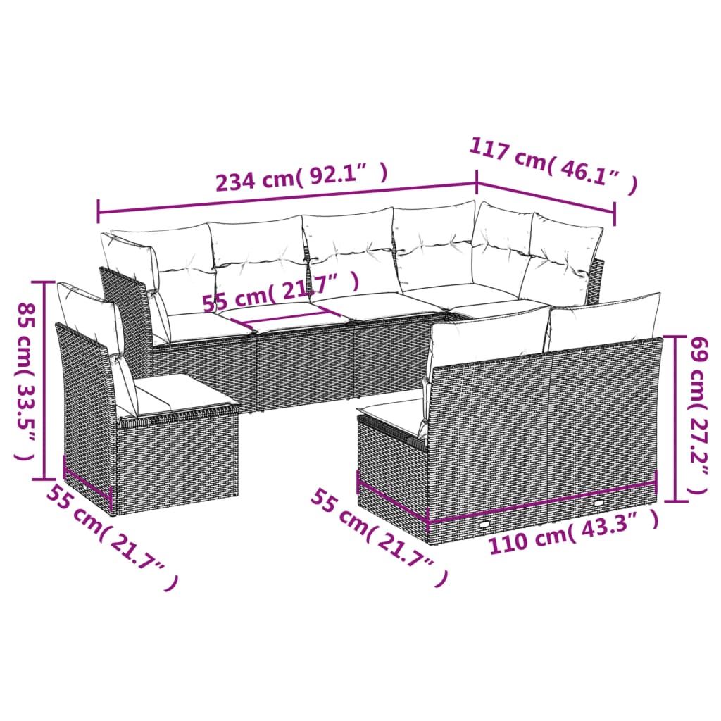 Set de sofás de jardín 8 piezas y cojines ratán sintético negro - Vetonek