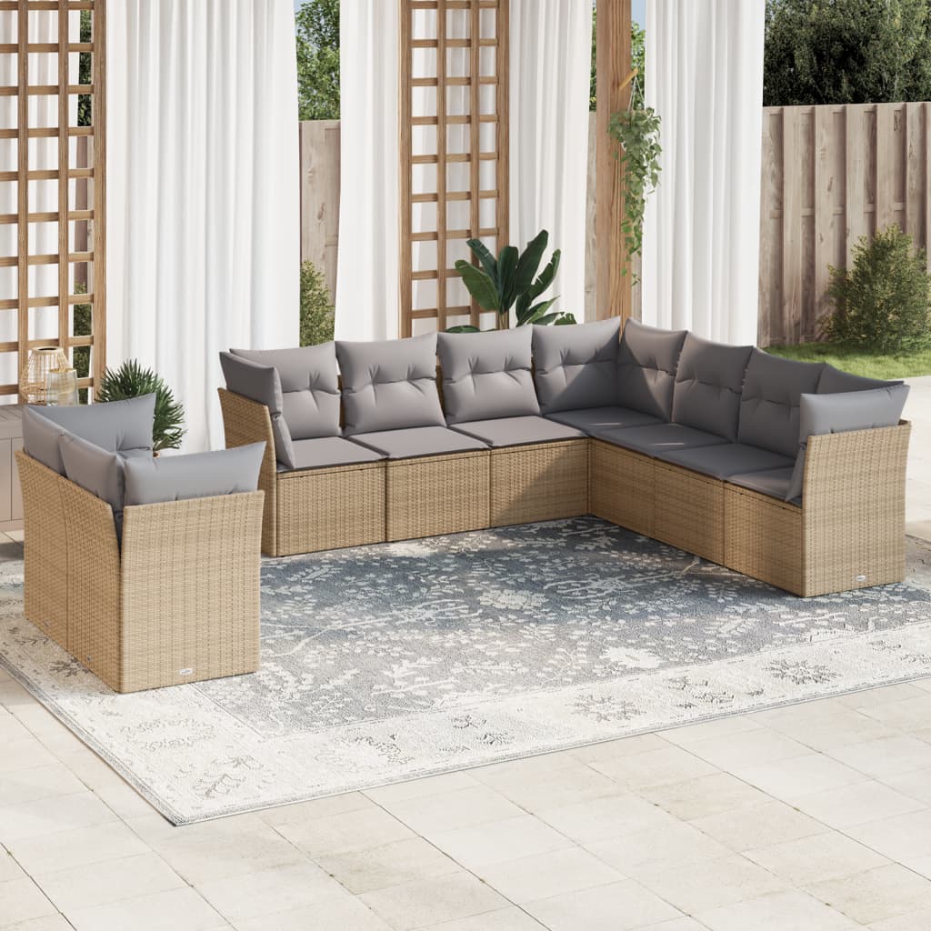 Vetonek Set de sofás de jardín 9 pzas con cojines ratán sintético beige