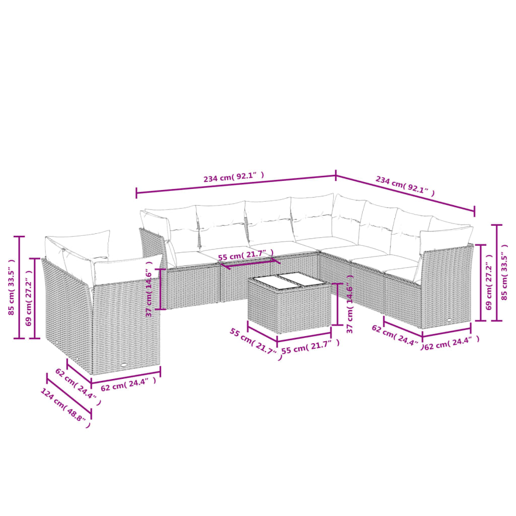 Set de sofás de jardín 10 pzas con cojines ratán sintético gris