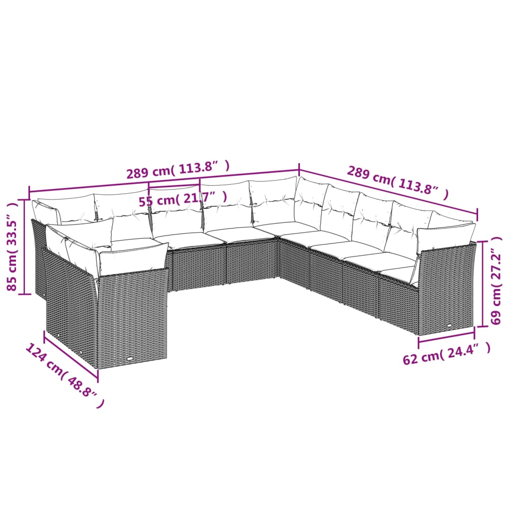 Set de sofás de jardín 11pzas con cojines ratán sintético beige