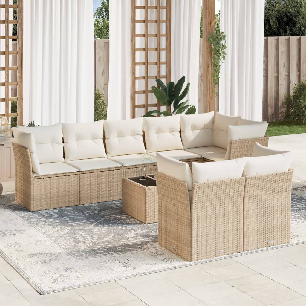 Vetonek Set de sofás de jardín 9 pzas con cojines ratán sintético beige