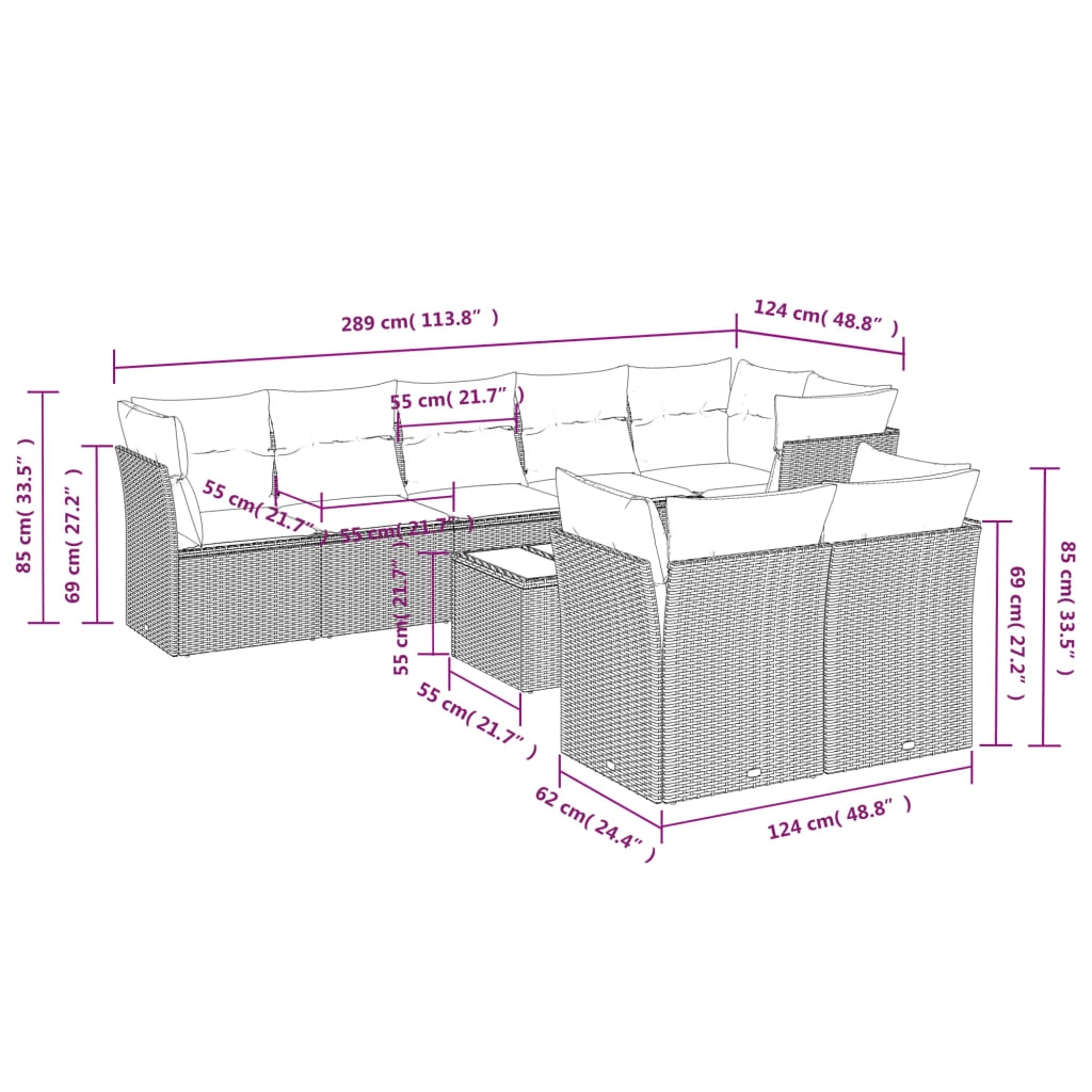 Set muebles jardín 9 pzas y cojines ratán sintético gris claro - Vetonek