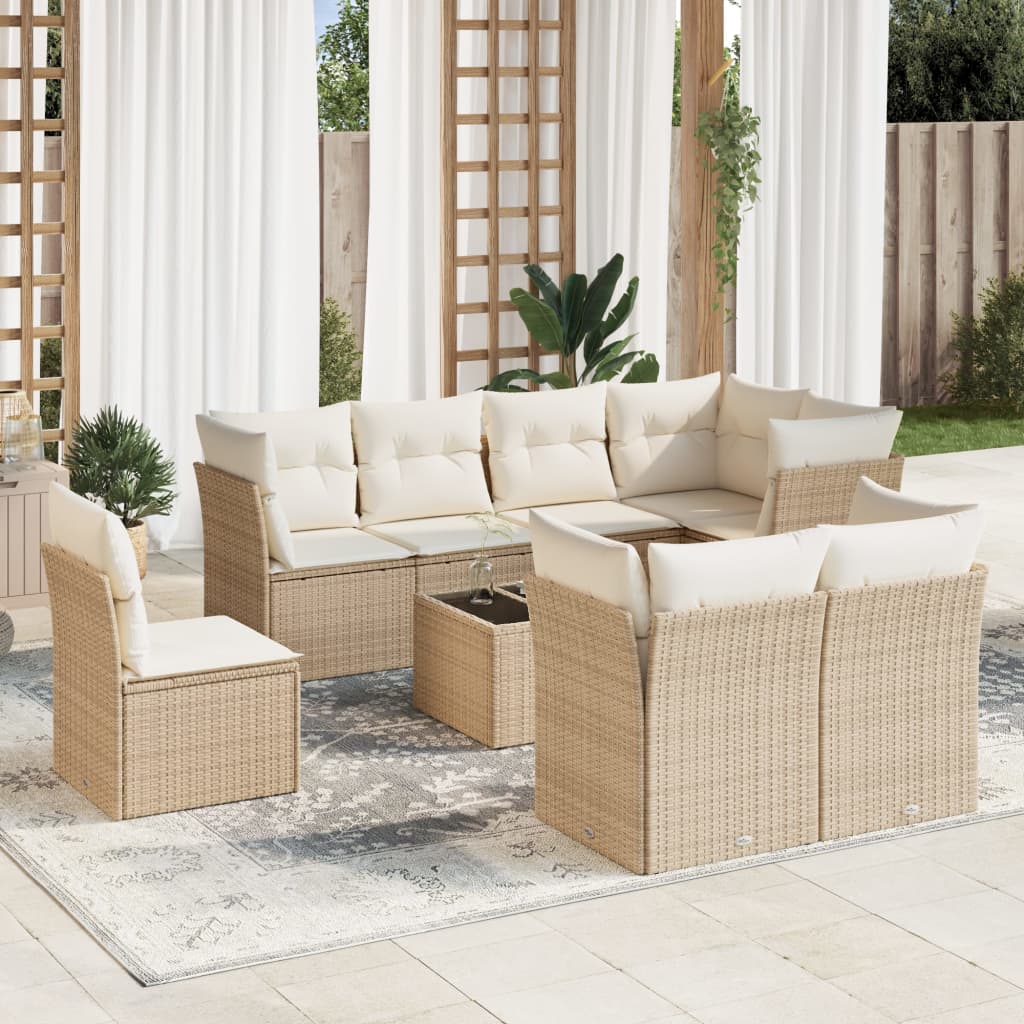 Vetonek Set de sofás de jardín 9 pzas con cojines ratán sintético beige