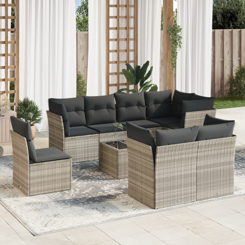 Vetonek Set de muebles de jardín 9 pzas y cojines ratán sintético gris