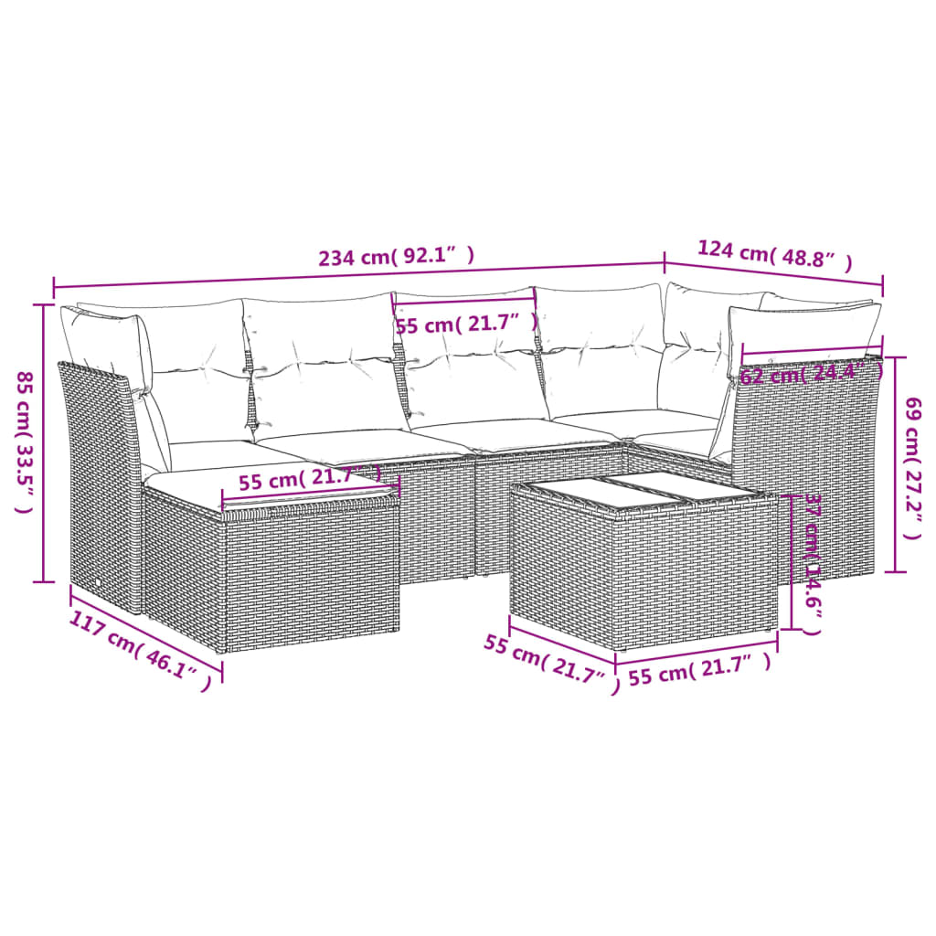 Set de comedor de jardín 7 pzas y cojines ratán sintético negro