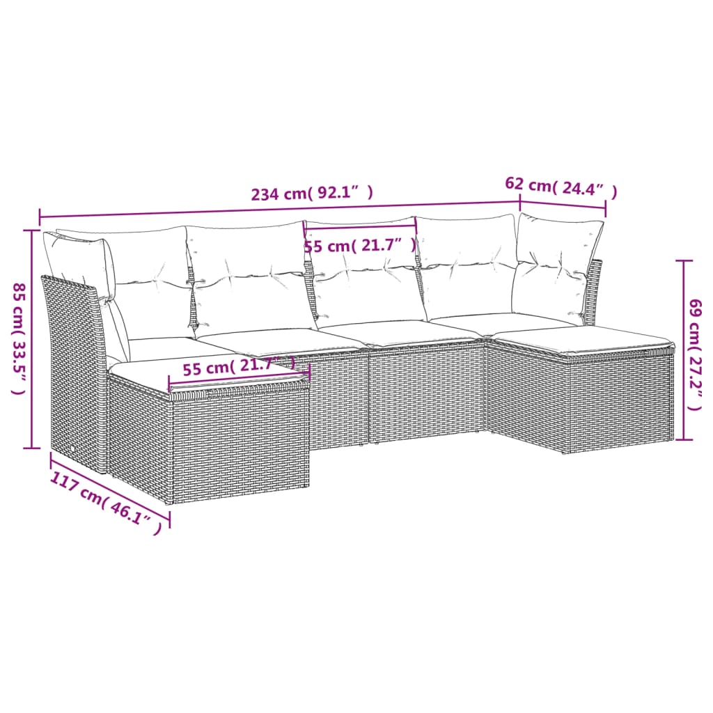 Garden Sofas Set 6 pieces and black synthetic rattan cushions