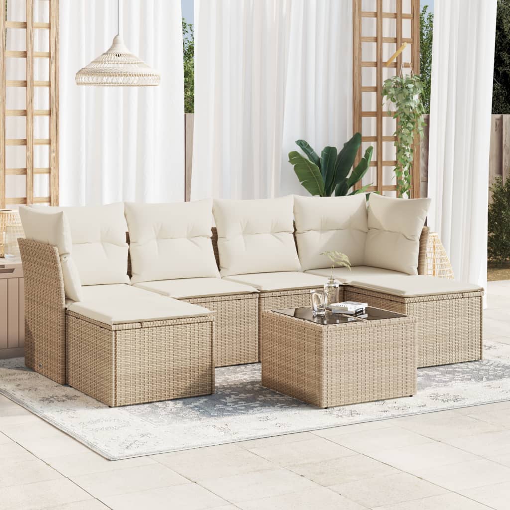 Set sofás de jardín 7 piezas y cojines ratán sintético beige