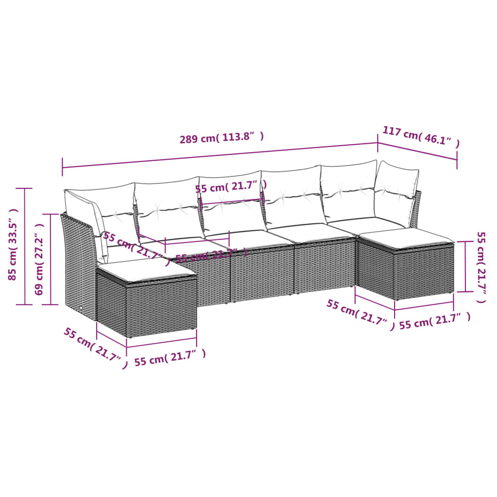 Set de comedor de jardín 7 pzas y cojines ratán sintético negro - Vetonek