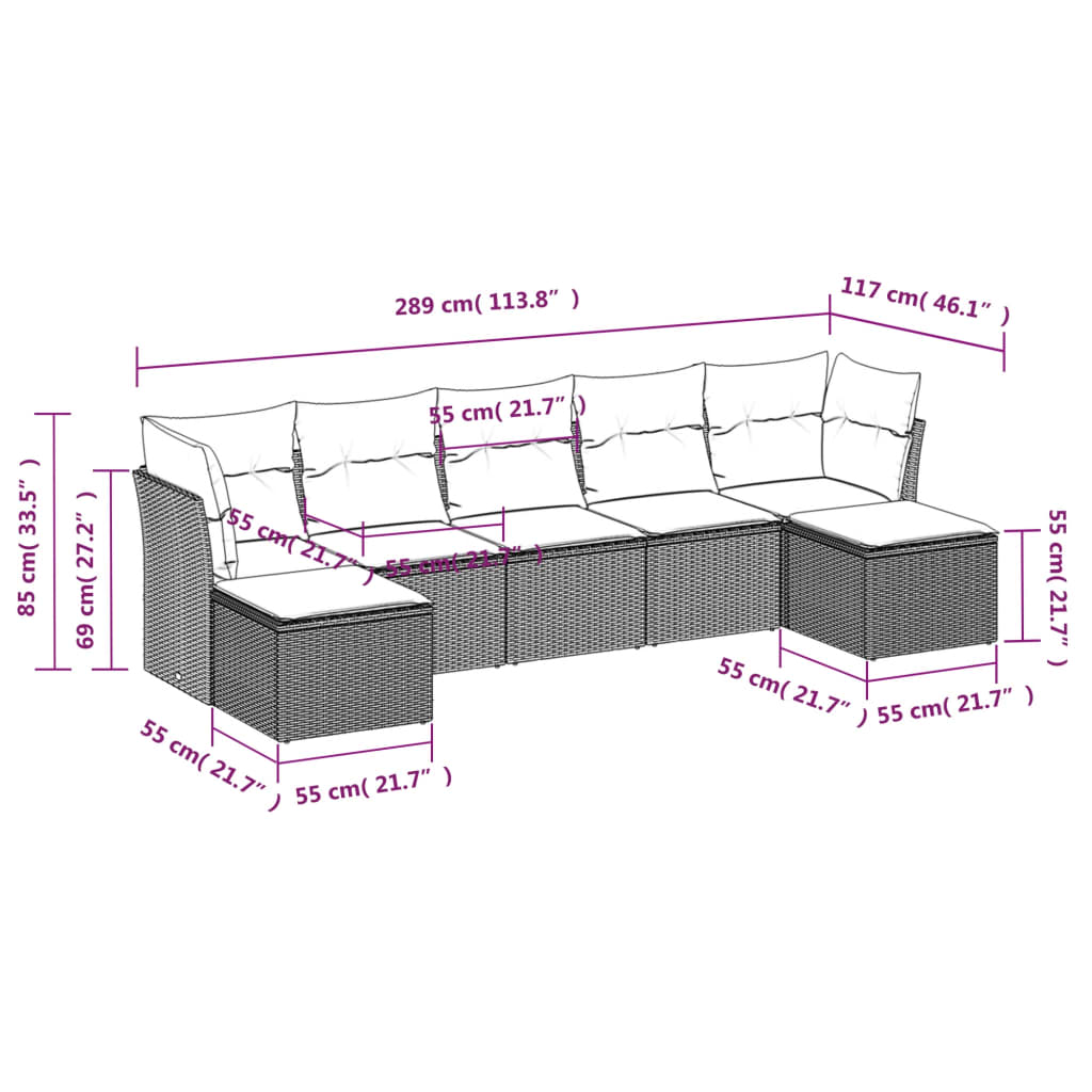 Sofás de jardim Conjunto de 7 peças com almofadas de vime cinza