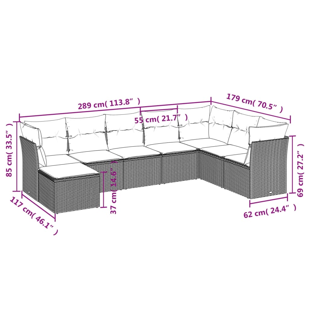 Set de sofás de jardín 8 piezas y cojines ratán sintético negro