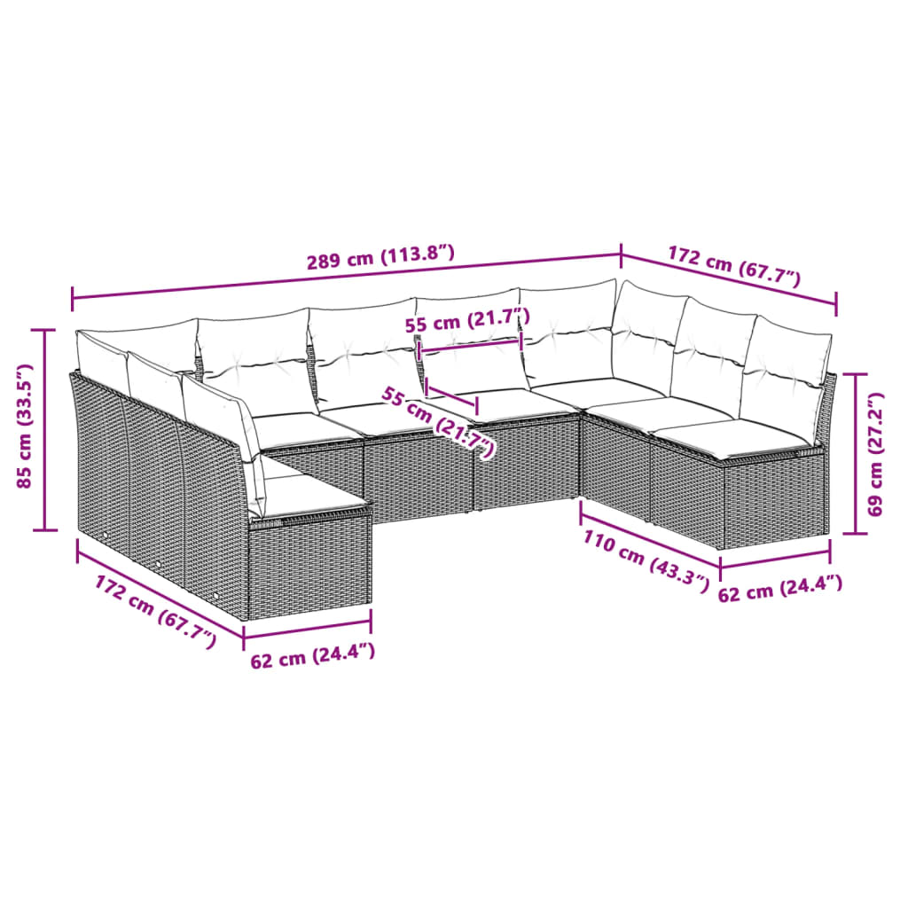 Set muebles jardín 9 pzas y cojines ratán sintético gris claro - Vetonek