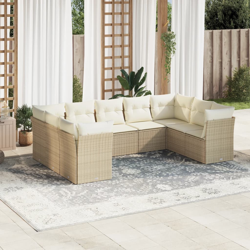 Vetonek Set de sofás de jardín 9 pzas con cojines ratán sintético beige