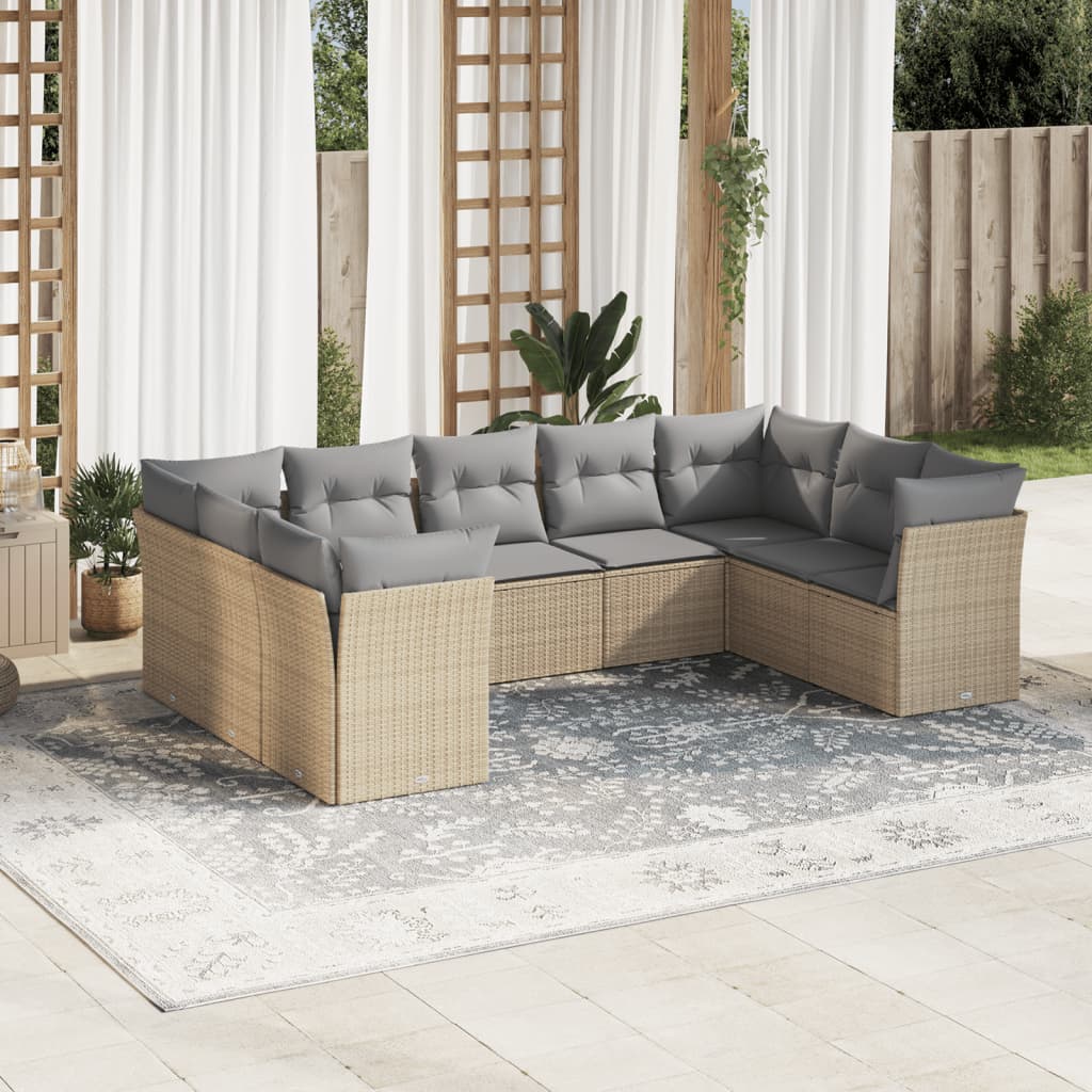 Vetonek Set de sofás de jardín 9 pzas con cojines ratán sintético beige