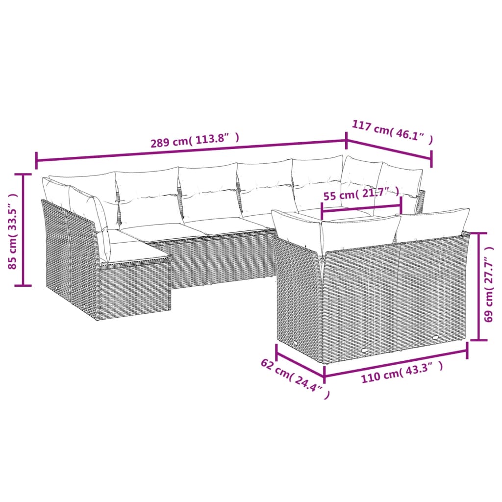 Les canapés de jardin réglent 9 pcs avec des coussins synthétiques beige