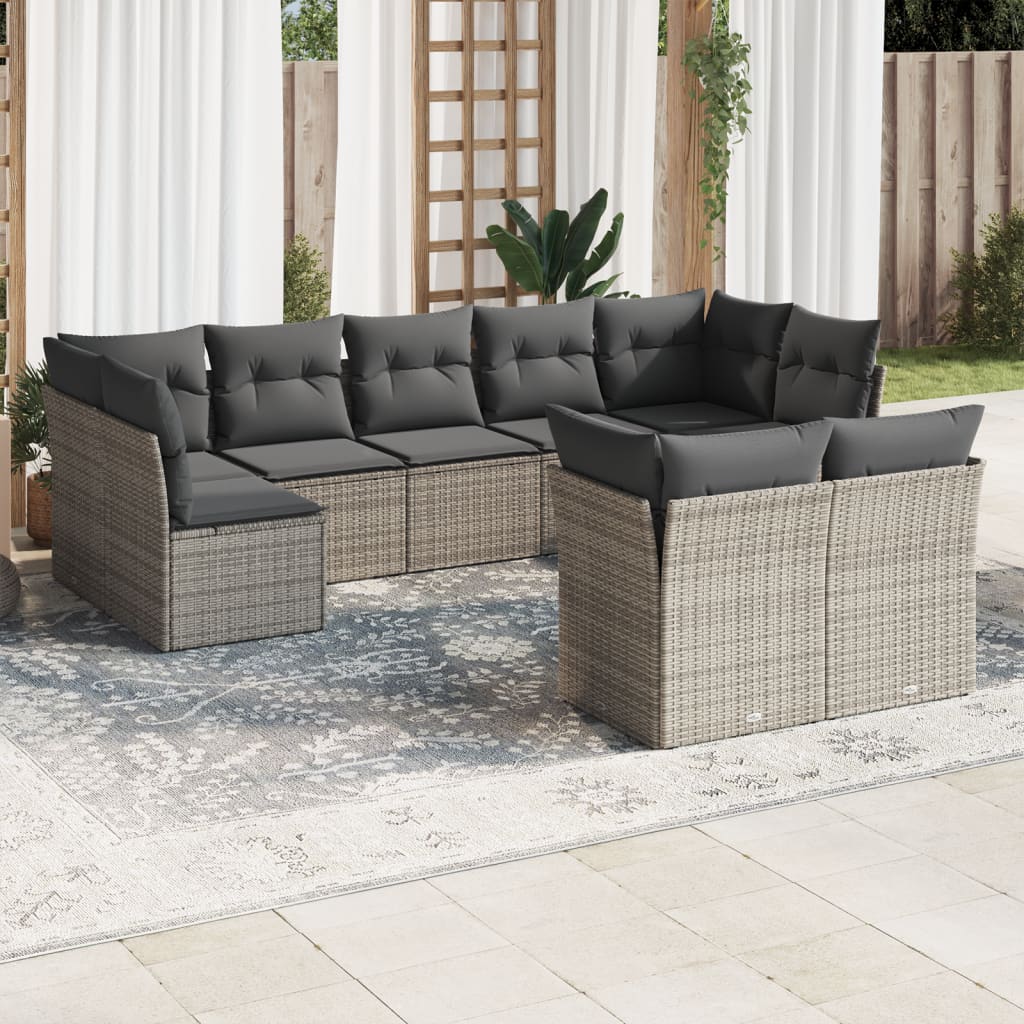 Vetonek Set de muebles de jardín 9 pzas y cojines ratán sintético gris