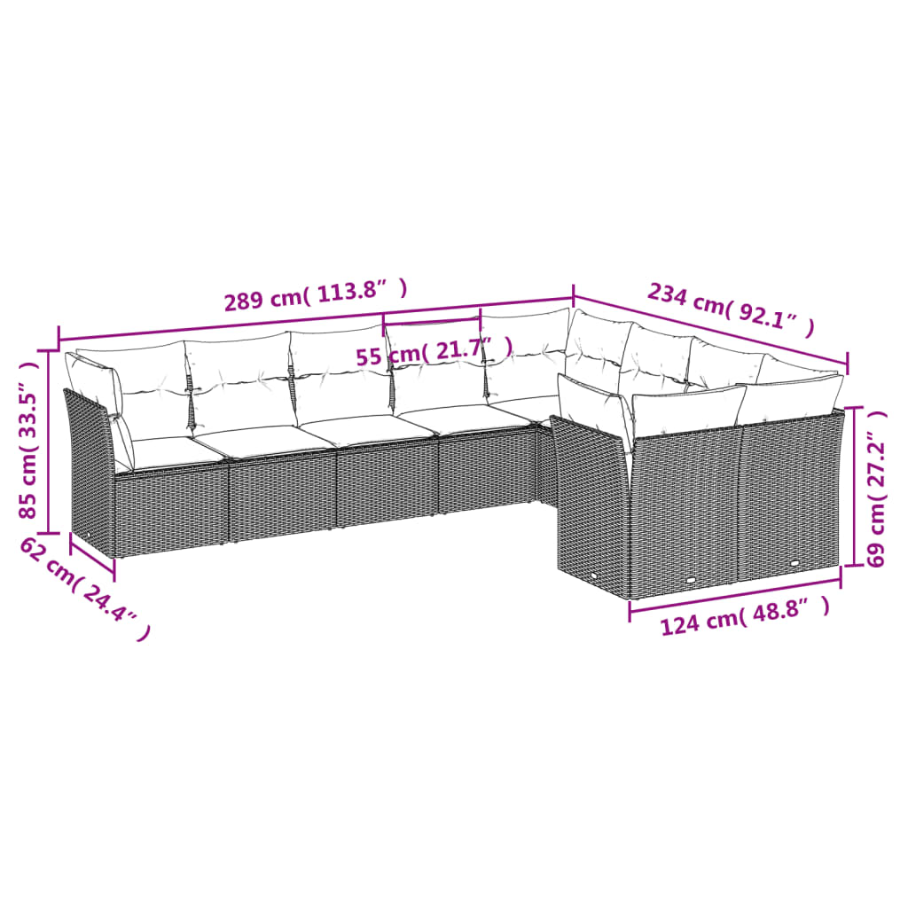 Set de sofás de jardín 9 pzas con cojines ratán sintético beige - Vetonek