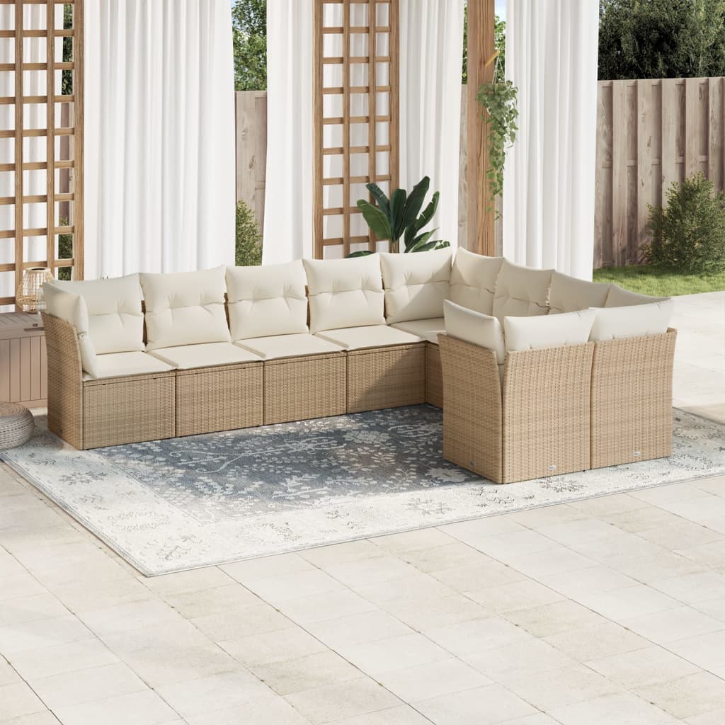 Vetonek Set de sofás de jardín 9 pzas con cojines ratán sintético beige