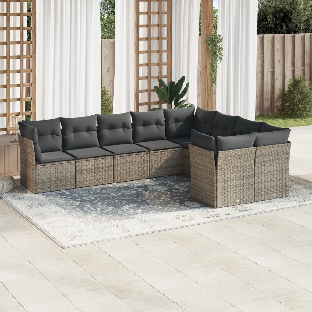 Vetonek Set de muebles de jardín 9 pzas y cojines ratán sintético gris