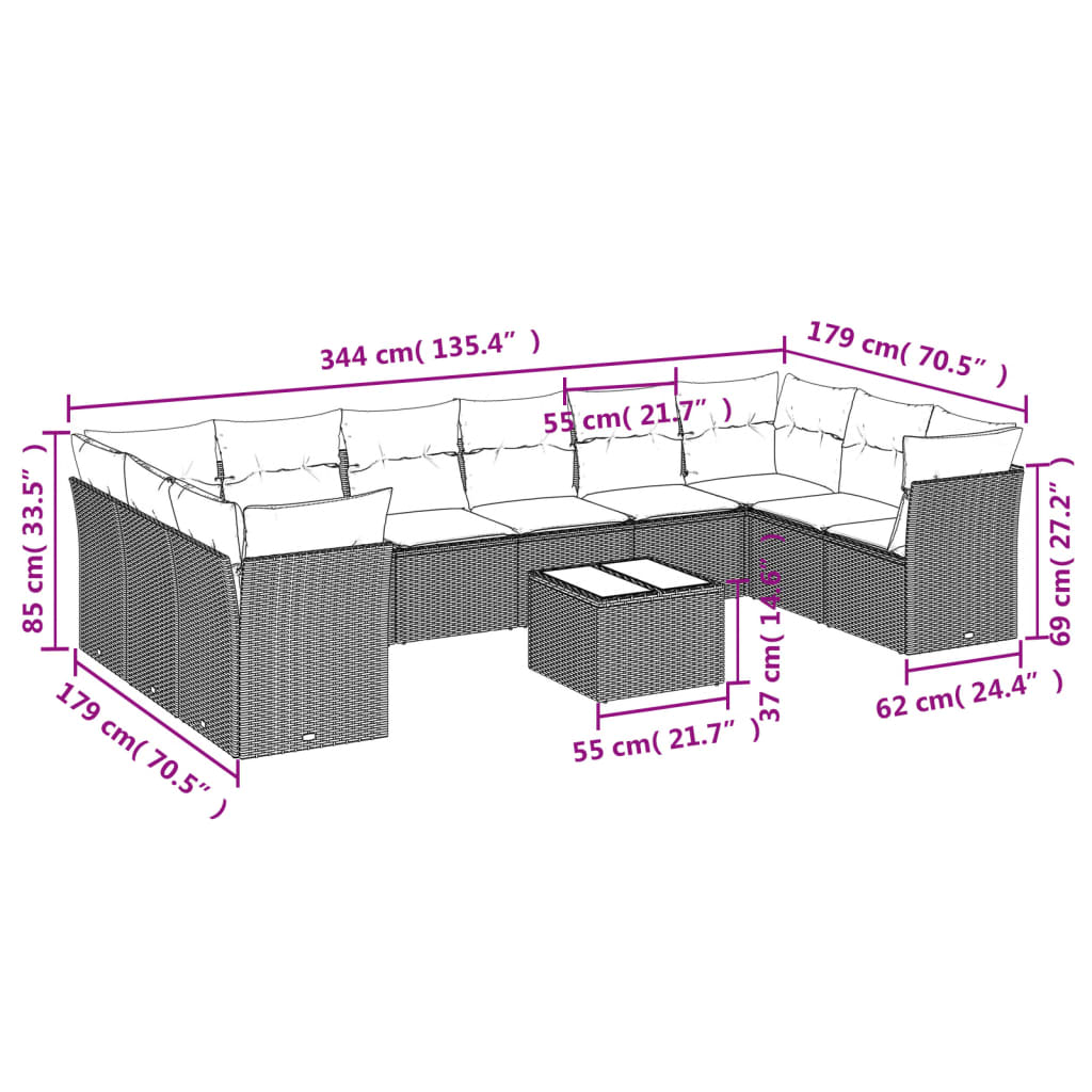 Gartensofas set 11 Stcs und graue synthetische Rattan -Kissen