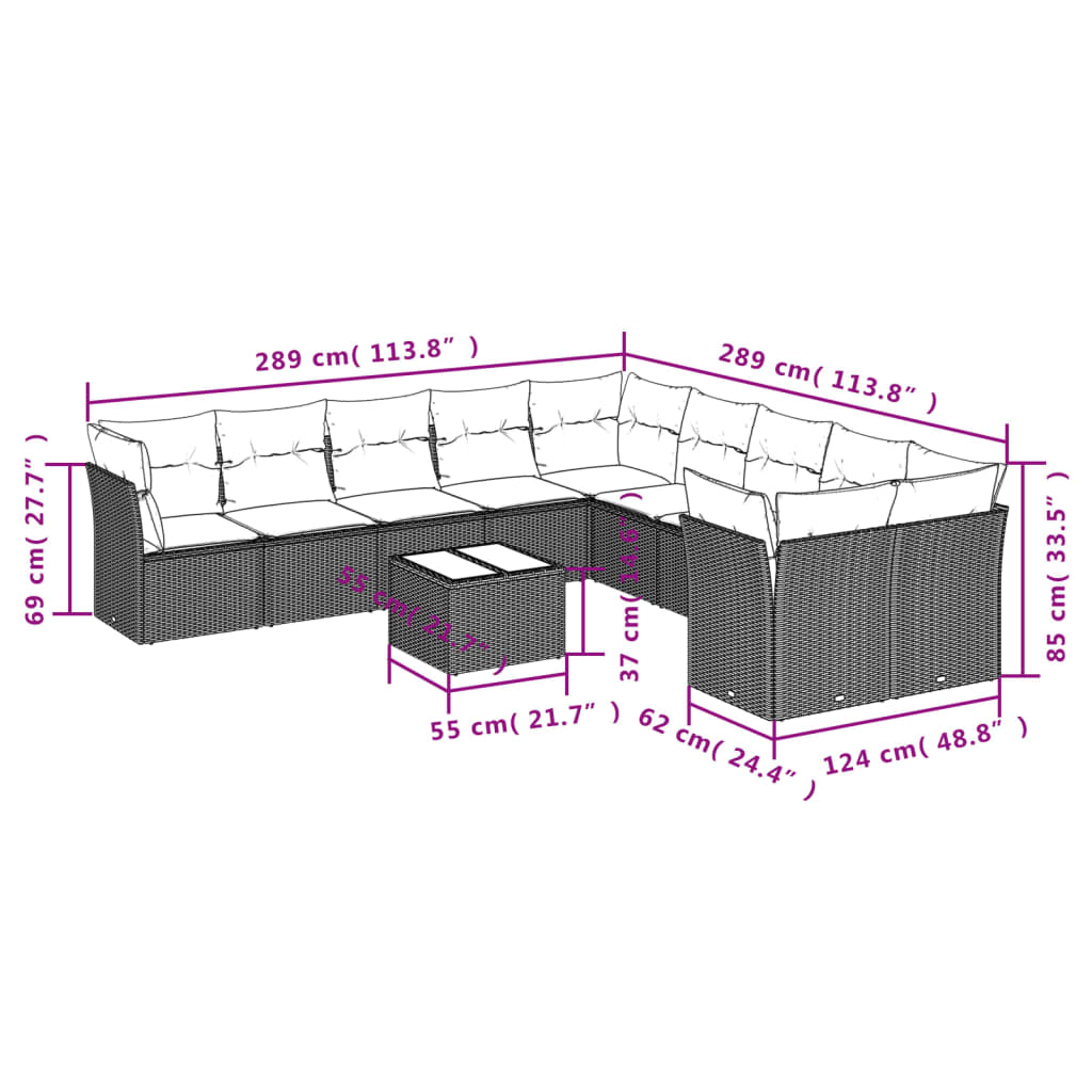 Gartensofas set 11 Stcs und graue synthetische Rattan -Kissen