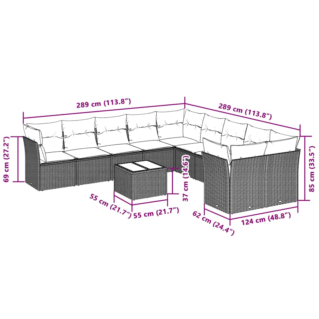 Set de sofás de jardín 11 pzas y cojines ratán sintético gris