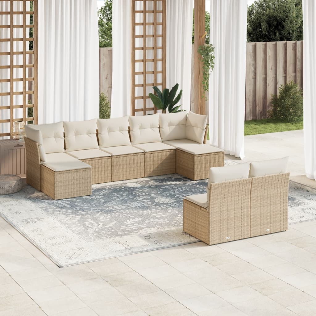 Vetonek Set de sofás de jardín 9 pzas con cojines ratán sintético beige